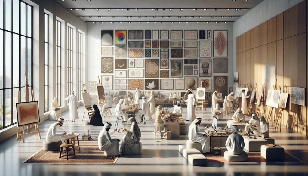 Vibrant scene in an Abu Dhabi artists' studio showcasing international artists engaged in painting, sculpting, and digital media projects.