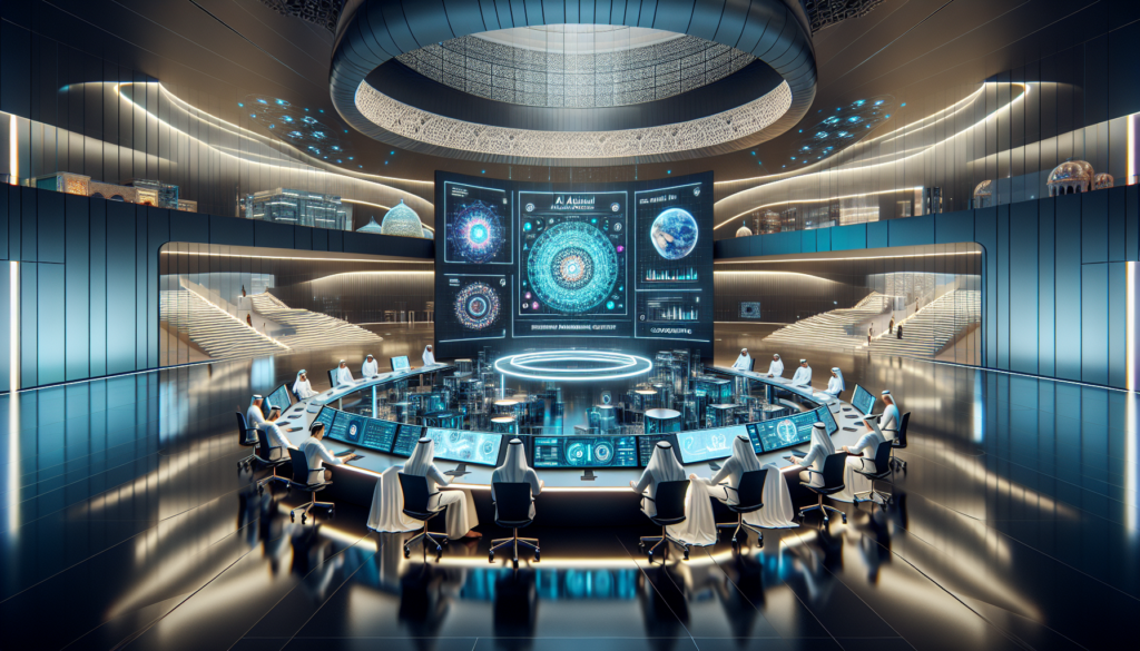 Interior of Microsoft's Engineering Development Center in Abu Dhabi featuring advanced technology workstations and holographic displays.