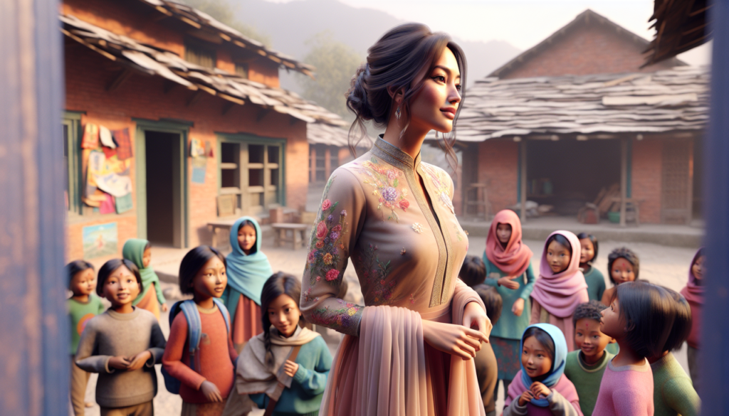 Portrait d'Akshita Chhetri, candidate au Miss Univers Népal 2024, interagissant avec des enfants dans une école rurale népalaise, symbolisant l'éducation et l'inclusivité.