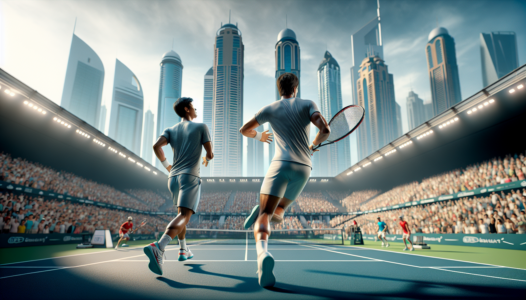 Vibrant tennis match at the Dubai Duty Free Tennis Championships 2024, featuring players like Daniil Medvedev and Andy Murray against a backdrop of iconic skyscrapers.
