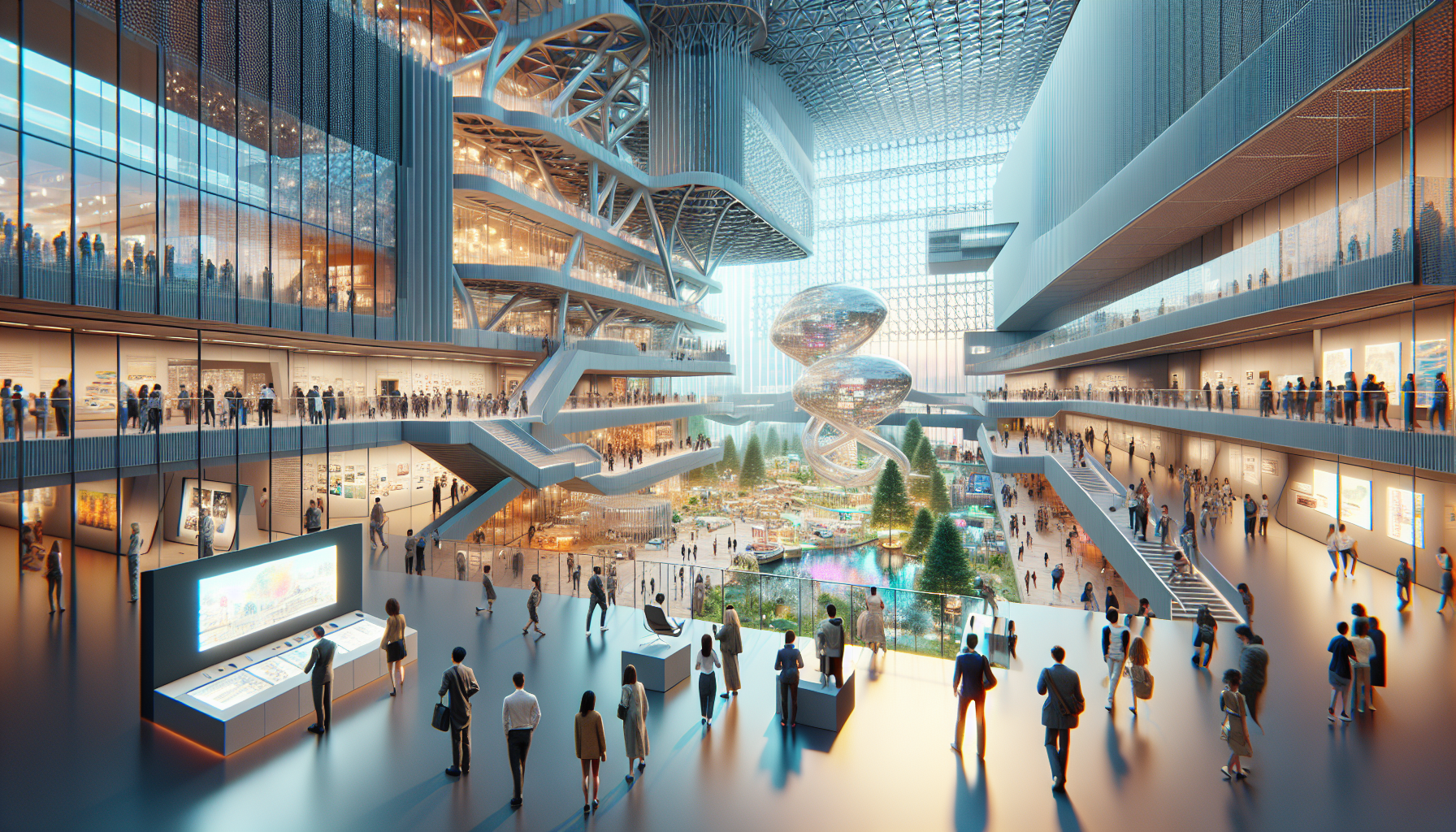Scène vibrante au sein de Dubai Expo City avec des visiteurs observant une installation multimédia interactive dans un musée dédié à l'Expo 2020, entourés d'œuvres d'art public modernes.