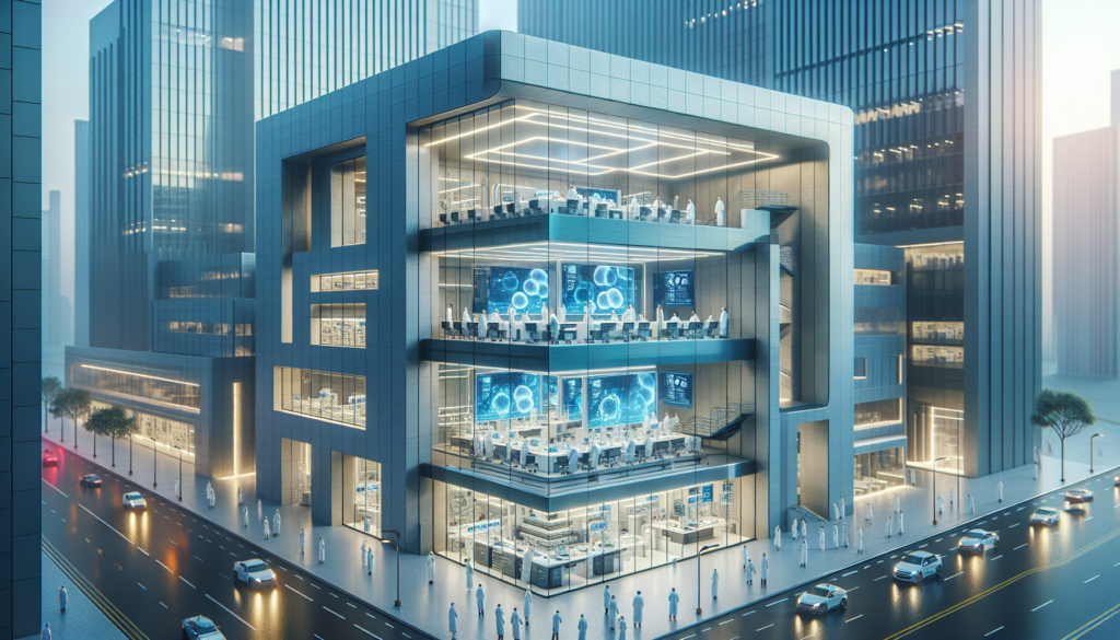 Cutting-edge regenerative medicine center in Dubai with advanced medical equipment and scientists researching stem cell therapies.