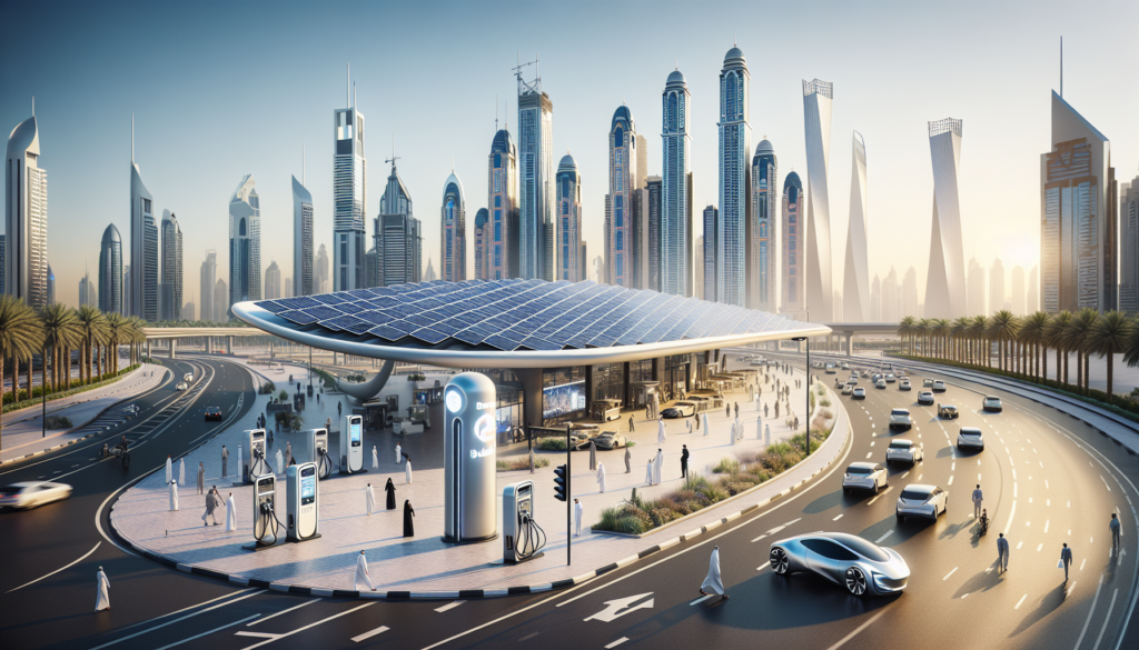 Vue d'un paysage urbain futuriste de Dubaï avec des panneaux solaires, la station de carburant à hydrogène et le Burj Khalifa, soulignant l'engagement de l'UAE envers les énergies renouvelables.