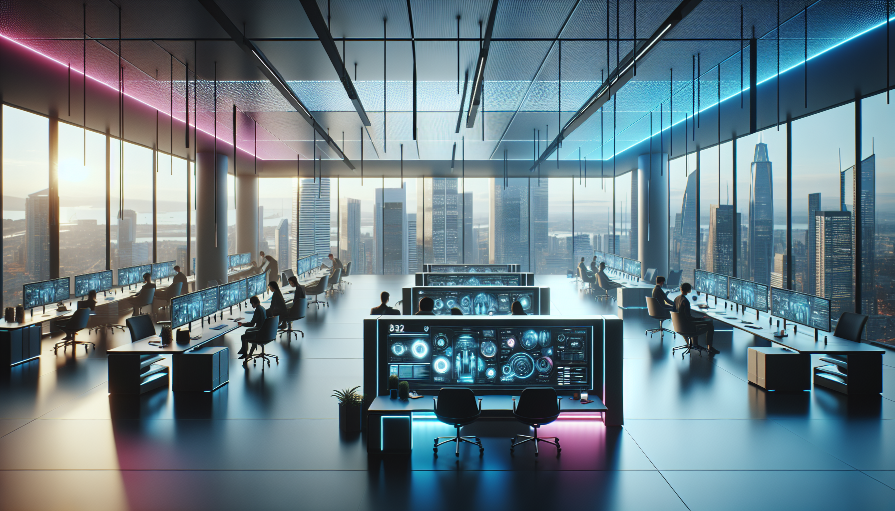 Espace de coworking futuriste à Dubai avec des stations de travail high-tech, des affichages holographiques et une vue sur le Burj Khalifa.