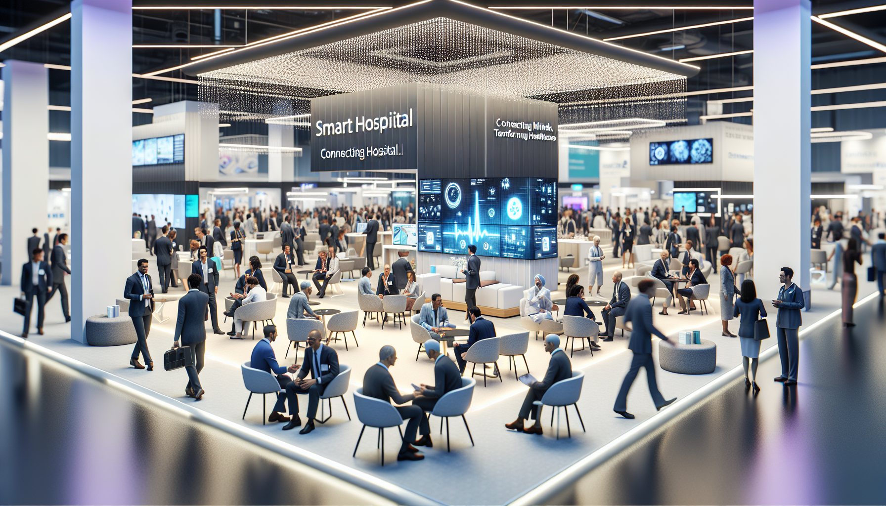 Hall d'exposition Arab Health 2024 au Dubai World Trade Centre avec des technologies médicales avancées et des professionnels de la santé en discussion.