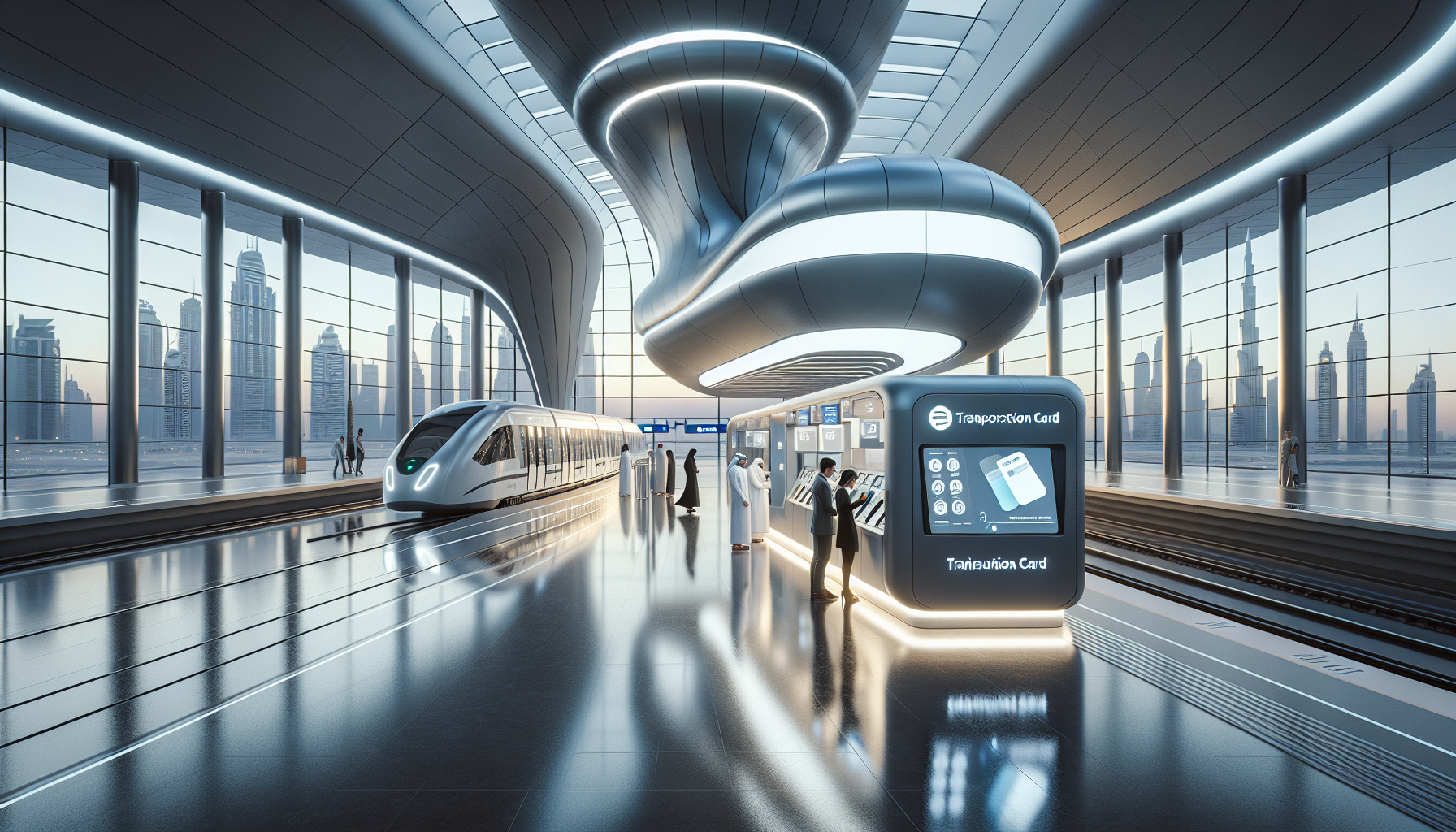 Imaginative modern train station in Dubai showcasing passengers using nol cards at a futuristic ticketing kiosk with high-speed trains and the Dubai skyline in the background.