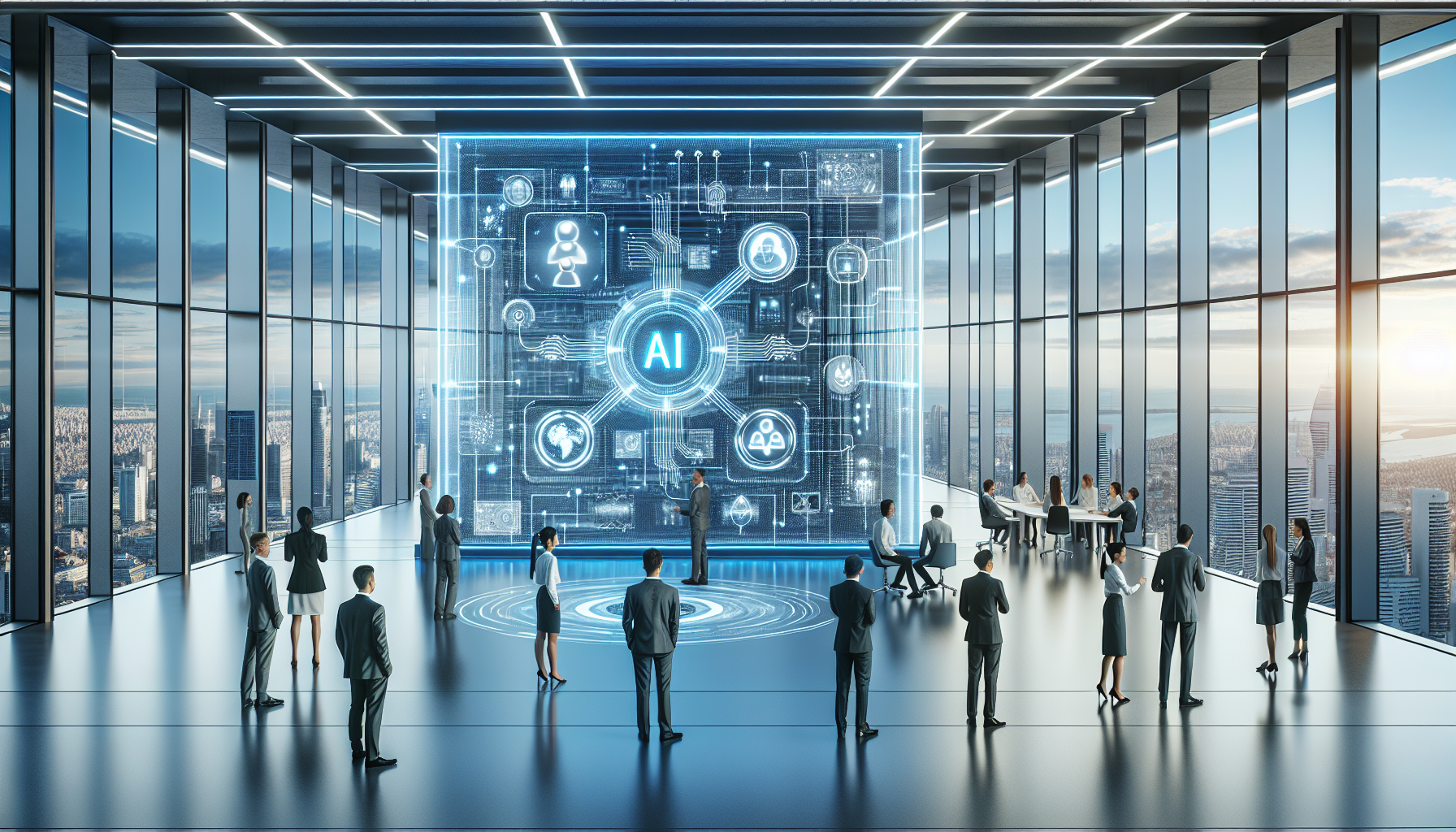 A futuristic high-tech office showcasing the partnership between Microsoft and G42, featuring diverse individuals interacting with AI technology on holographic screens amidst a modern architectural environment.