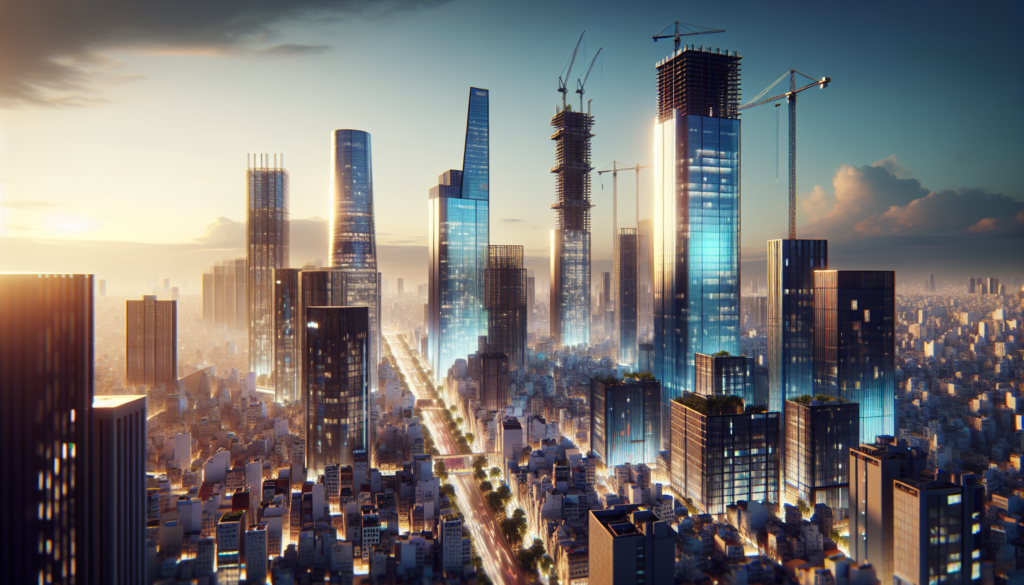 Futuristikong distrito pang-pinansyal sa Ho Chi Minh City na may mga modernong skyscraper, construction cranes, at masiglang kalye ng iba't ibang lahi na nakikilahok sa mga aktibidad sa negosyo.