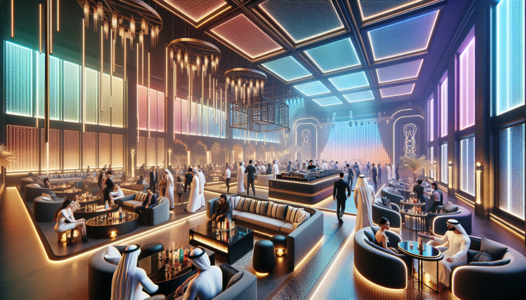Vibrant nightclub scene in Dubai showing well-dressed patrons dancing under dynamic lights, with a DJ mixing music in an upscale ambiance.