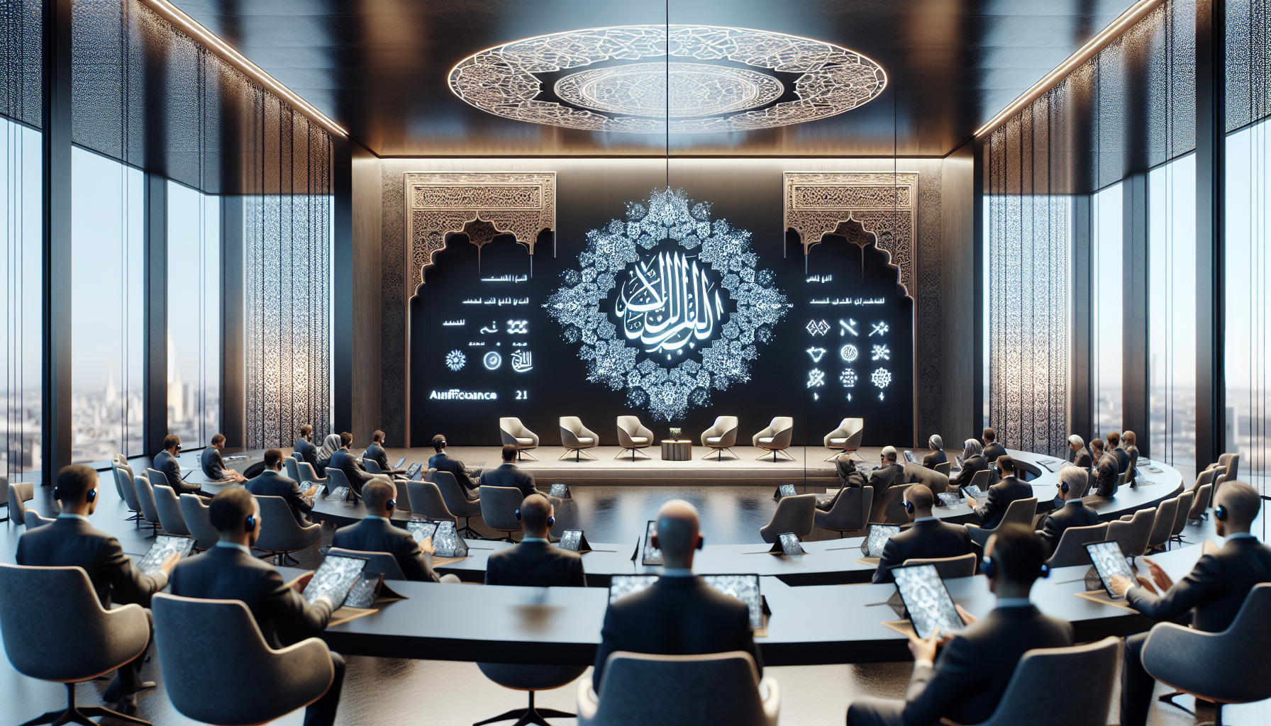 Modern symposium room filled with diverse attendees, featuring a holographic display of Arabic calligraphy and AI elements, set against a futuristic cityscape.