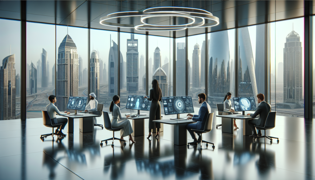 Makabagong opisina ng mga kabataang entrepreneur sa DIFC Innovation Hub sa Dubai, na may mga holographic display at sophisticated na teknolohiya.