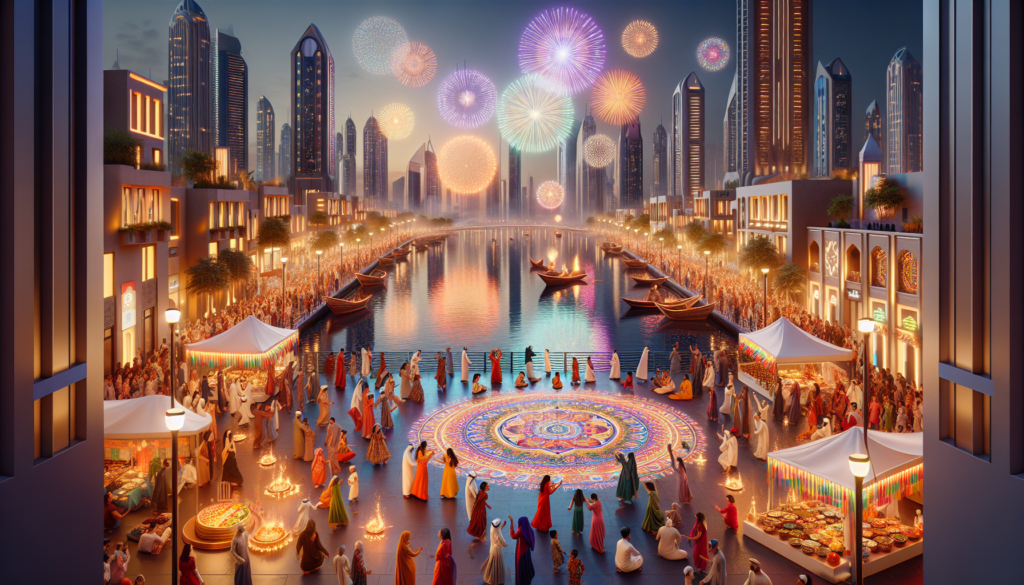 Pagsasaya ng Diwali 2024 sa Global Village sa Dubai na may mga paputok, makulay na tradisyonal na kasuotan, at mga sibilisadong talakayan sa mga street food stall.