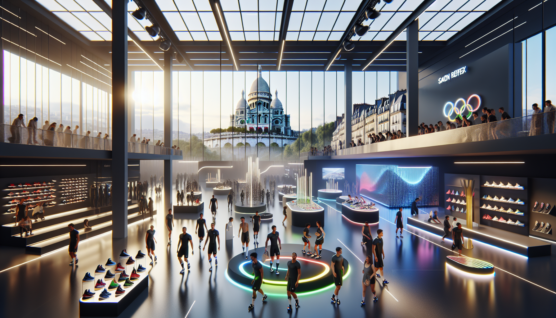 Événement immersif d'Adidas lors des Olympiques de Paris 2024, avec des athlètes et des présentations de produits durables, en arrière-plan de la basilique du Sacré-Cœur.