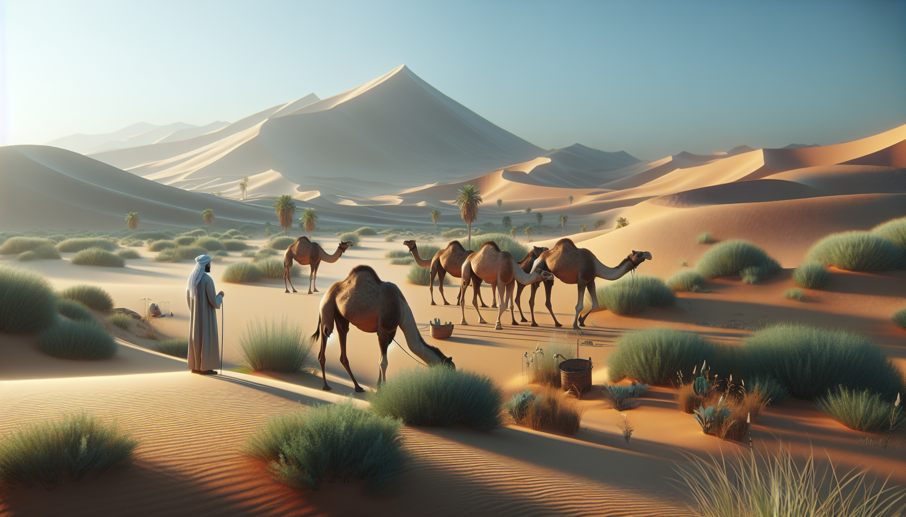 Un paysage désertique serein à Abou Dhabi avec des chameaux paissant sous la surveillance d'un berger émirati, illustrant des pratiques d'élevage durables.