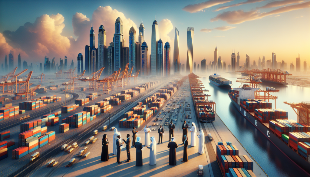 Scène dynamique d'un port et aéroport à Dubaï, mettant en avant le port de Jebel Ali avec des navires de cargo et des affaires entre des hommes d'affaires africains.