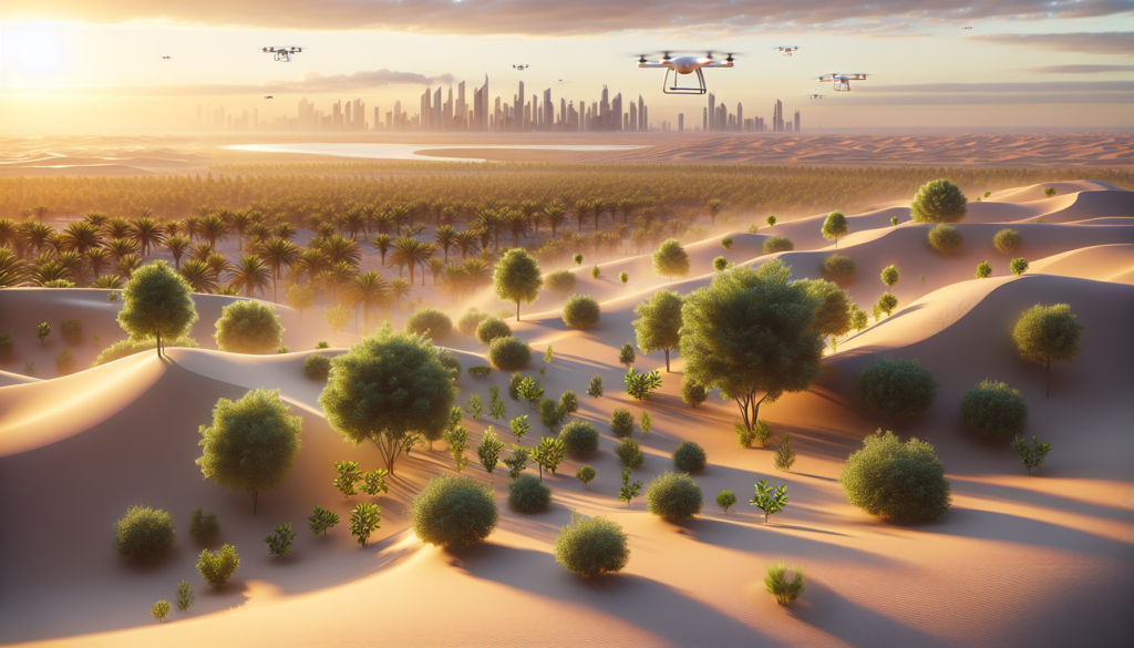 Scène de reforestation dans le désert des Émirats Arabes Unis, montrant des arbres natifs et des drones dispersant des graines au coucher du soleil.