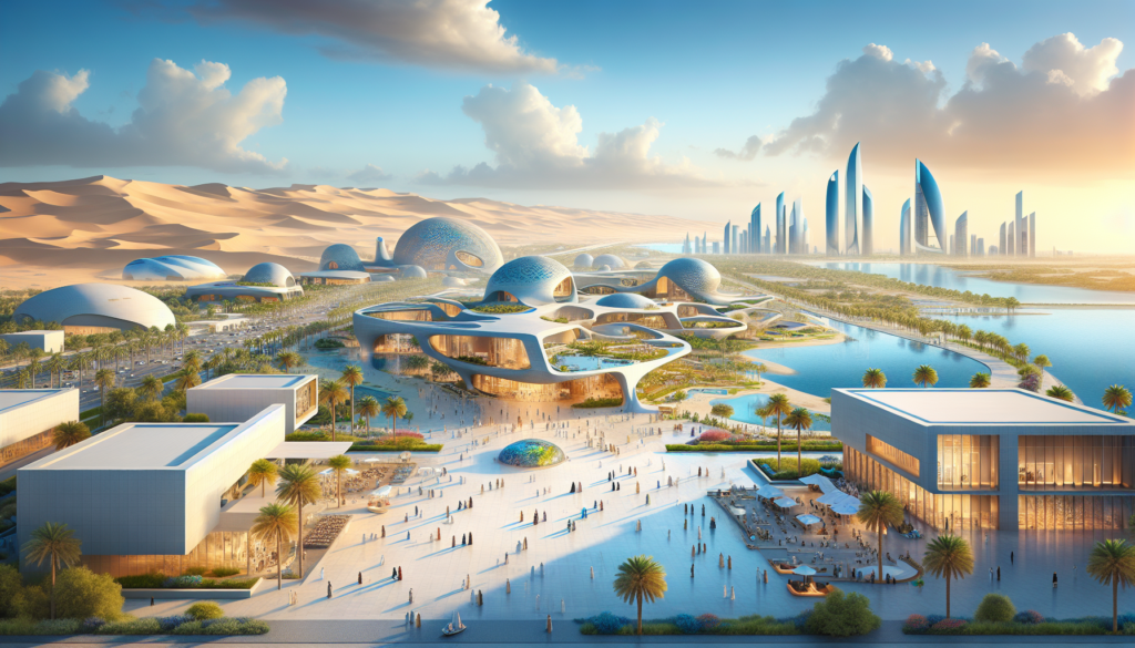 Panoramic view of the Saadiyat Cultural District featuring the Zayed National Museum, Natural History Museum Abu Dhabi, and Guggenheim Abu Dhabi amidst a modern landscape.