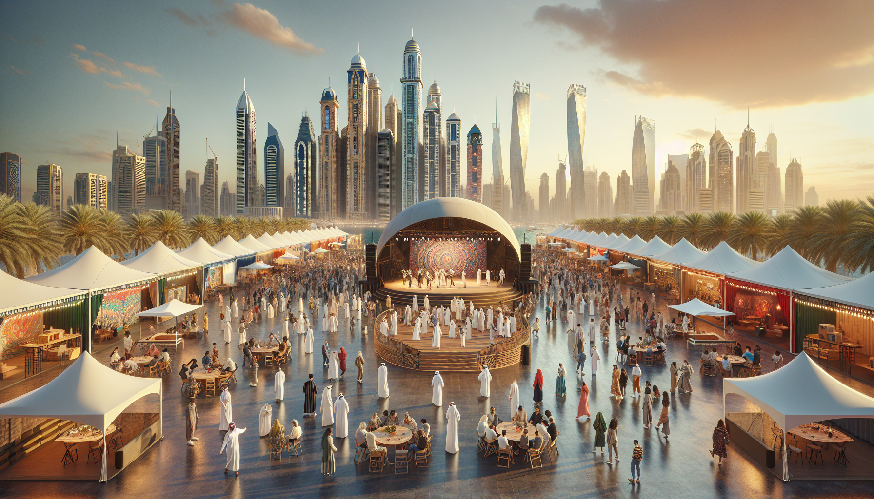 Яркий арт-фестиваль на открытом воздухе в Дубае с разнообразными инсталляциями и красочными муралами, символизирующий Дубайский арт-сезон 2024.