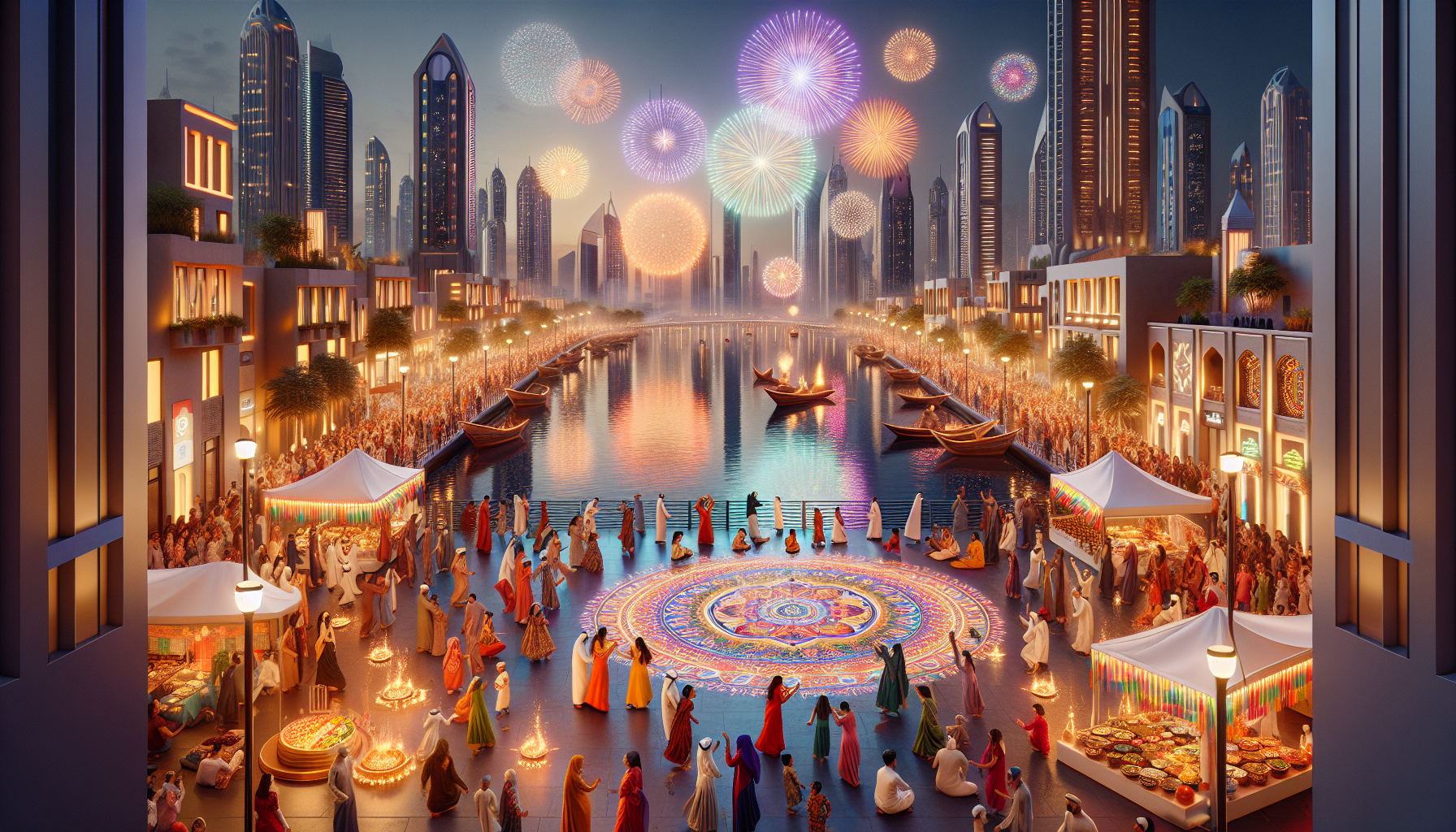 مهرجان ديوالي 2024 في قرية العالم بدبي، يعرض الألعاب النارية والأطعمة الهندية التقليدية مع أداءات ثقافية وأجواء احتفالية.