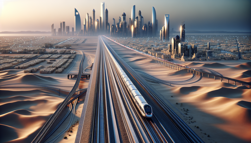 شبكة سكك حديدية متقدمة في الإمارات، تضم قطار حديث يسير عبر المناظر الطبيعية المتنوعة، مع عرض للمدينة والصحراء في الخلفية.