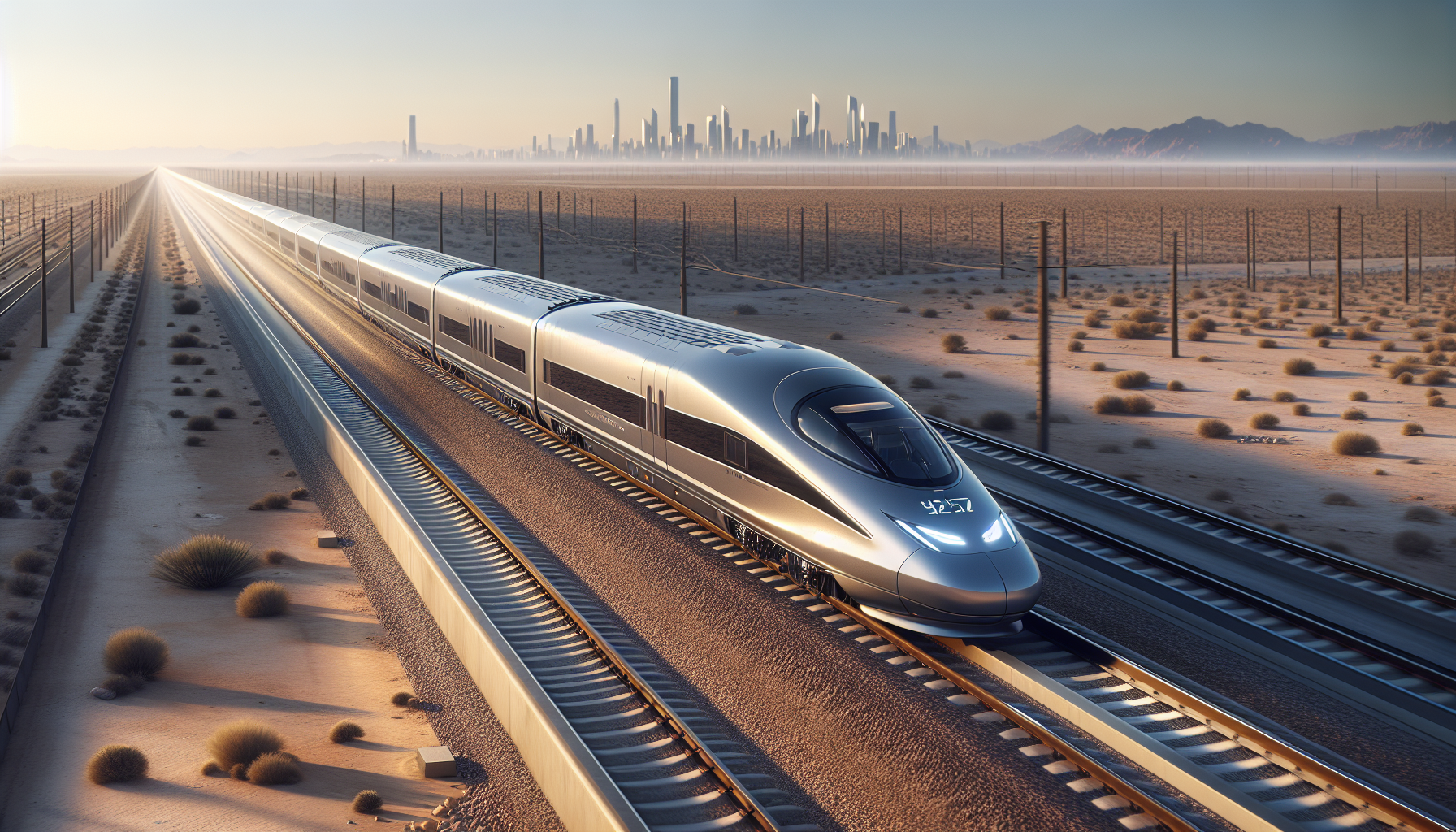 قطار حديث تابع لمشروع الاتحاد للسكك الحديدية يمر عبر الصحراء بين أبوظبي والظنة، مع سماء زرقاء وتصميم انسيابي.