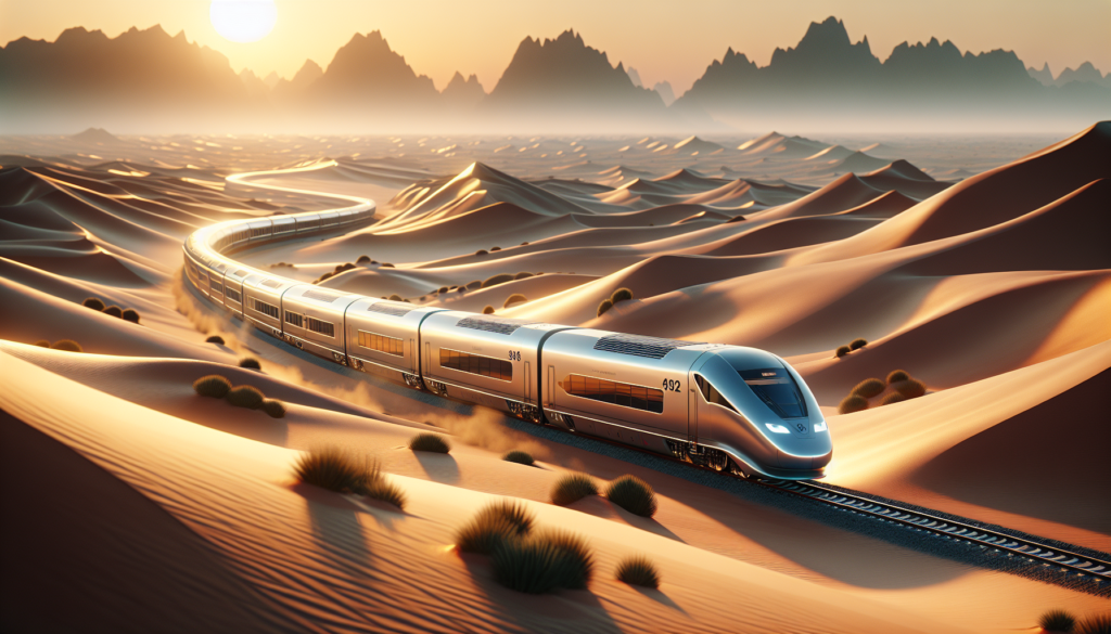قطار حديث فخم ينزلق عبر مناظر طبيعية مذهلة في الإمارات، مستعرضًا الكثبان الرملية والجبال البعيدة تحت ضوء الغروب.