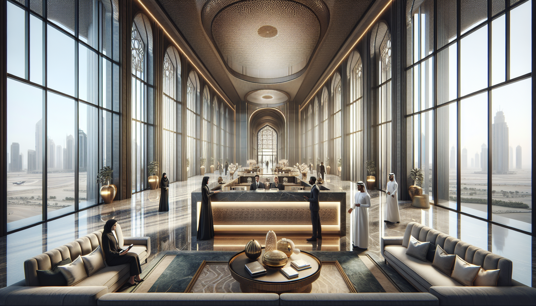 दुबई के भव्य होटल लॉबी की छवि, जिसमें आधुनिक वास्तुकला, आलीशान फर्नीचर और सौम्य रोशनी है।