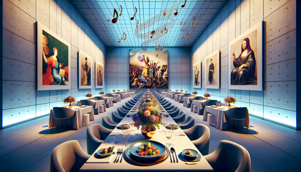 लूव अबू धाबी में एक लक्ज़री भोजन व्यवस्था, जिसमें पोस्ट-इम्प्रेशनिज्म कला से प्रेरित सुंदर तालिका सजावट है।