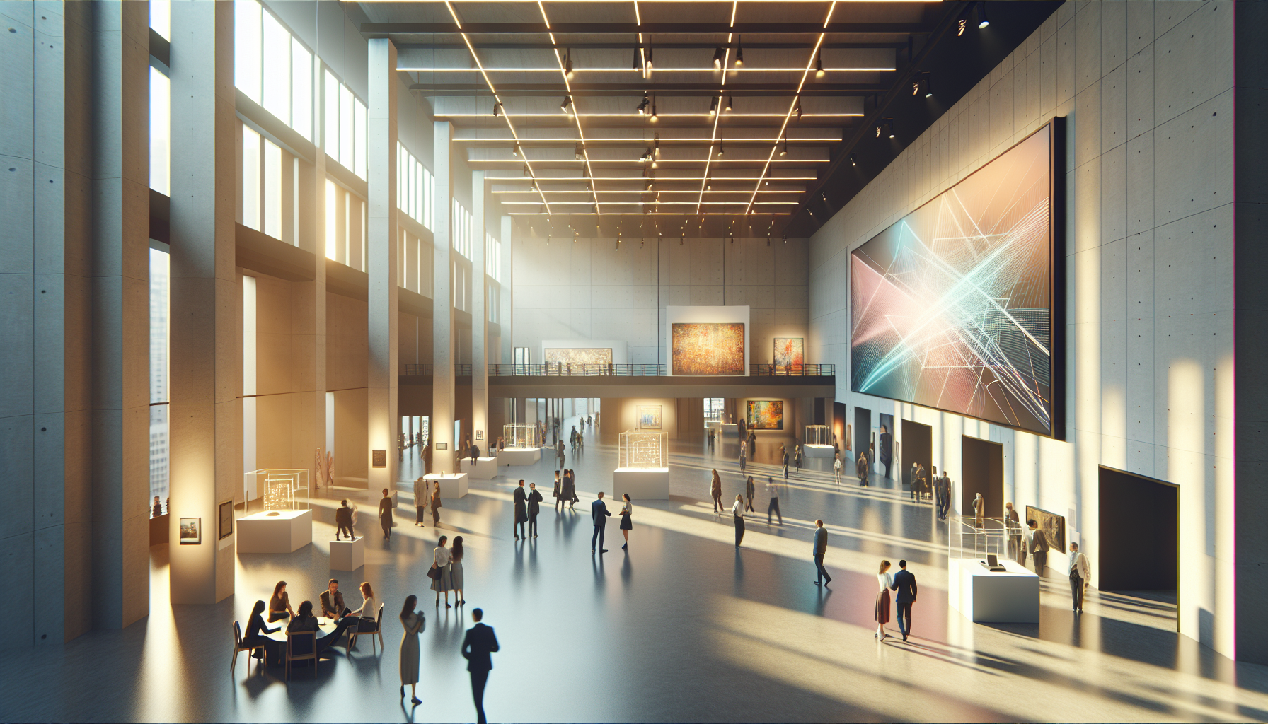 A vibrant scene at the Abu Dhabi Art 2024 exhibition featuring contemporary art installations, diverse attendees, and ambient lighting.