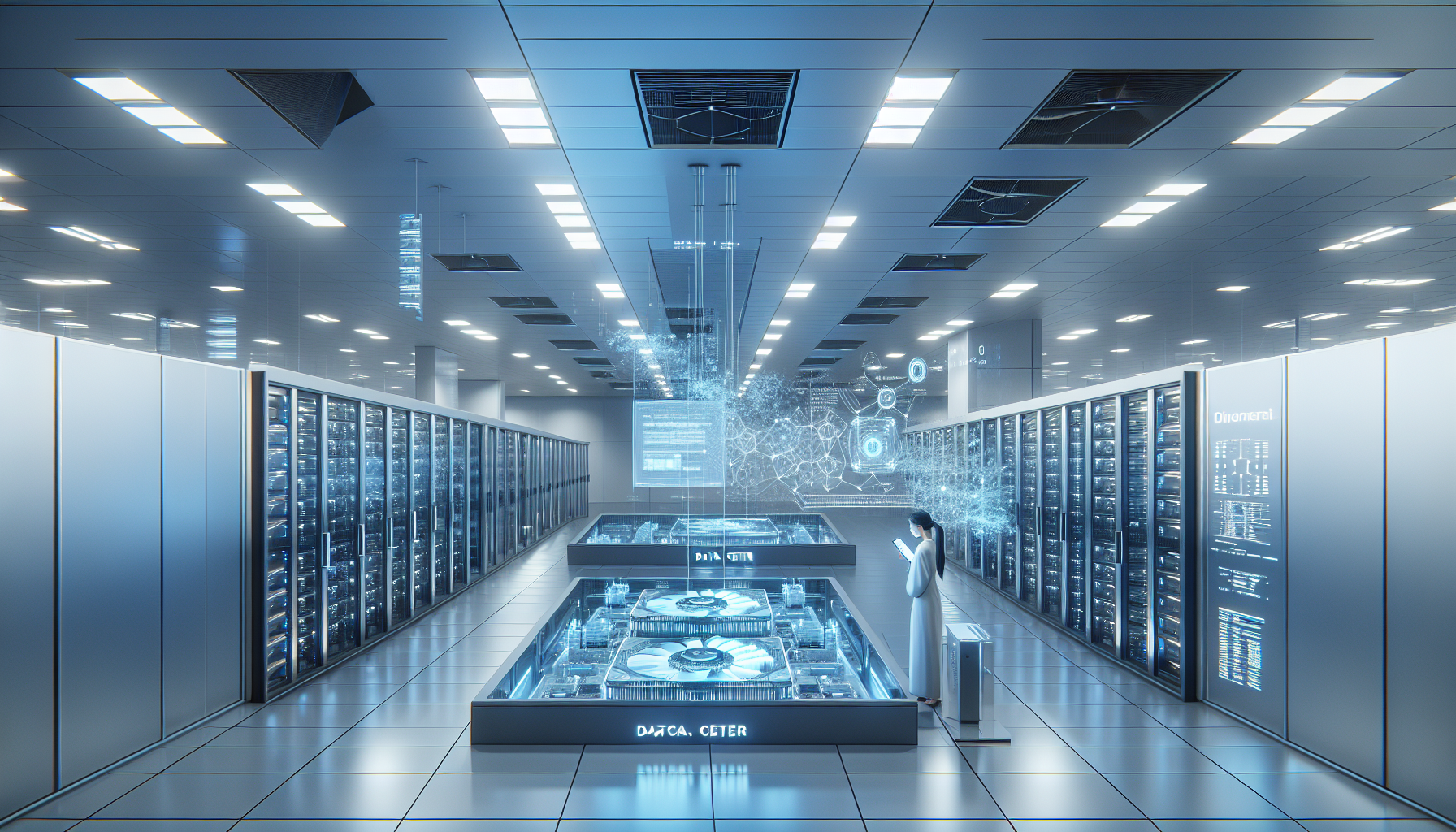 High-tech office in Abu Dhabi showcasing advanced AI technology and security features, including Microsoft and G42 logos, Nvidia H100 GPUs, and digital data projections.