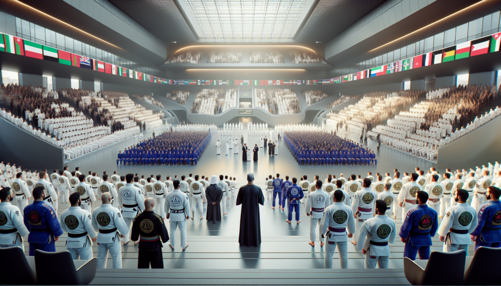 Inauguration of the 16th Abu Dhabi World Professional Jiu-Jitsu Championship at Mubadala Arena, featuring His Highness Sheikh Khaled bin Mohamed bin Zayed Al Nahyan and international athletes amid a vibrant atmosphere.