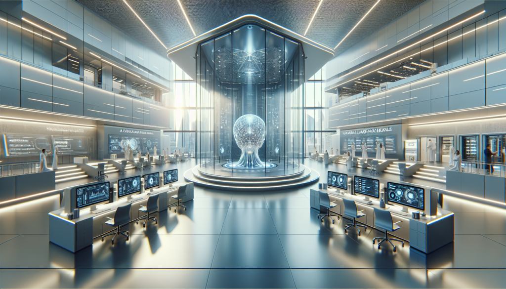 Futuristic research lab in Abu Dhabi showcasing the Falcon Mamba 7B AI model surrounded by advanced technology and researchers.