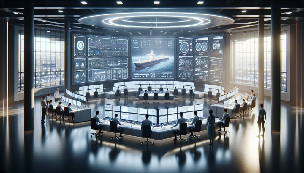 Advanced control room featuring state-of-the-art AI technology, engineers monitoring real-time analytics with holographic displays and 3D maps in a modern oil and gas environment.