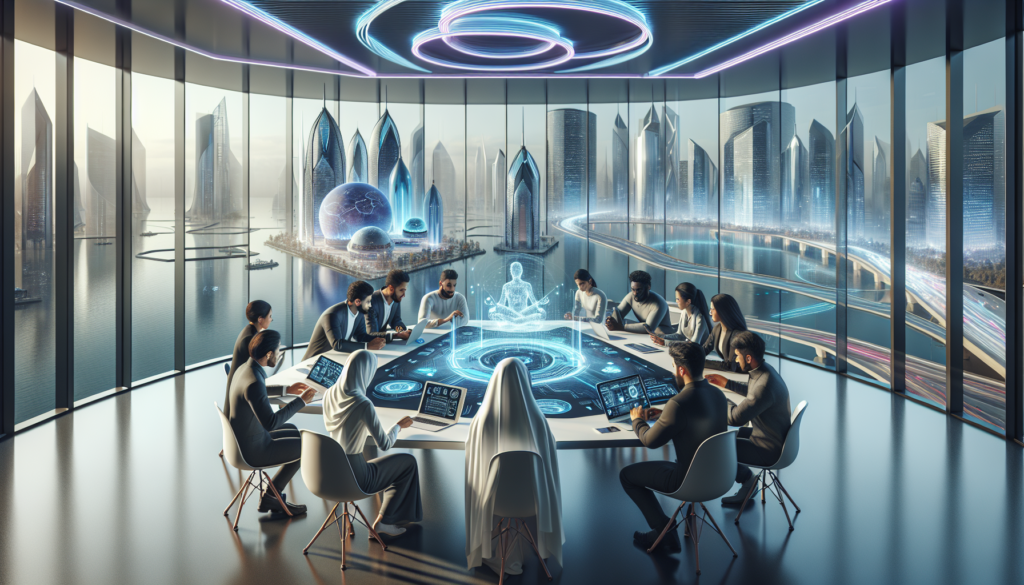 Atelier de technologie avancée aux Émirats avec des entrepreneurs utilisant des ordinateurs portables futuristes et des affichages holographiques.