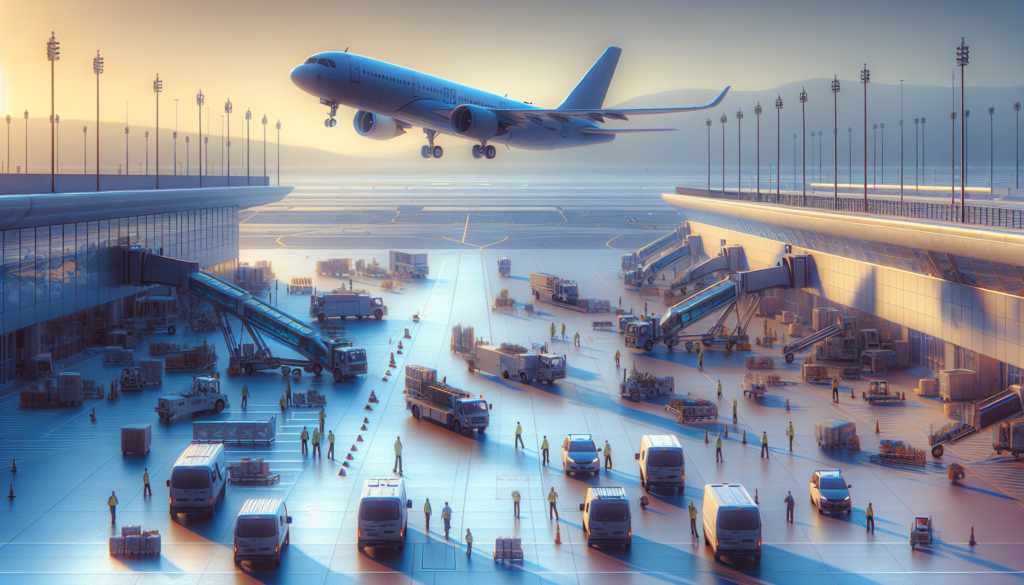 Un avion Emirates décolle d'un aéroport moderne, entouré de véhicules de service et de personnel, symbolisant la connectivité mondiale entre Lagos et Dubaï.