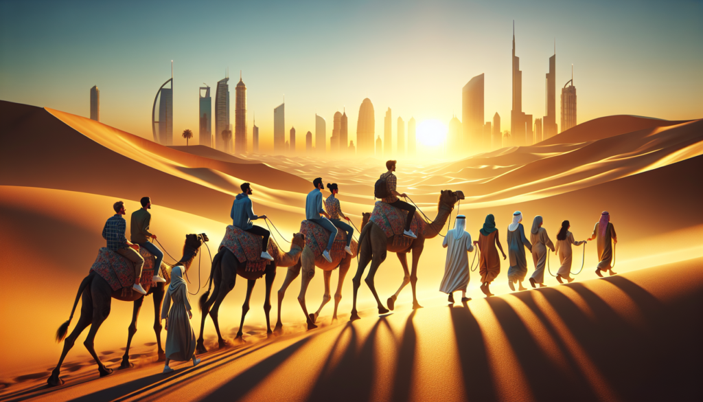 Groupe de touristes profitant d'une balade à chameau dans le désert de Dubaï au lever du soleil, avec des dunes de sable dorées et des silhouettes de gratte-ciels en arrière-plan.