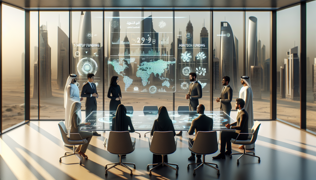 Groupe diversifié d'entrepreneurs émirati en réunion dans un bureau moderne d'Abou Dhabi, avec des données holographiques sur un tableau numérique.