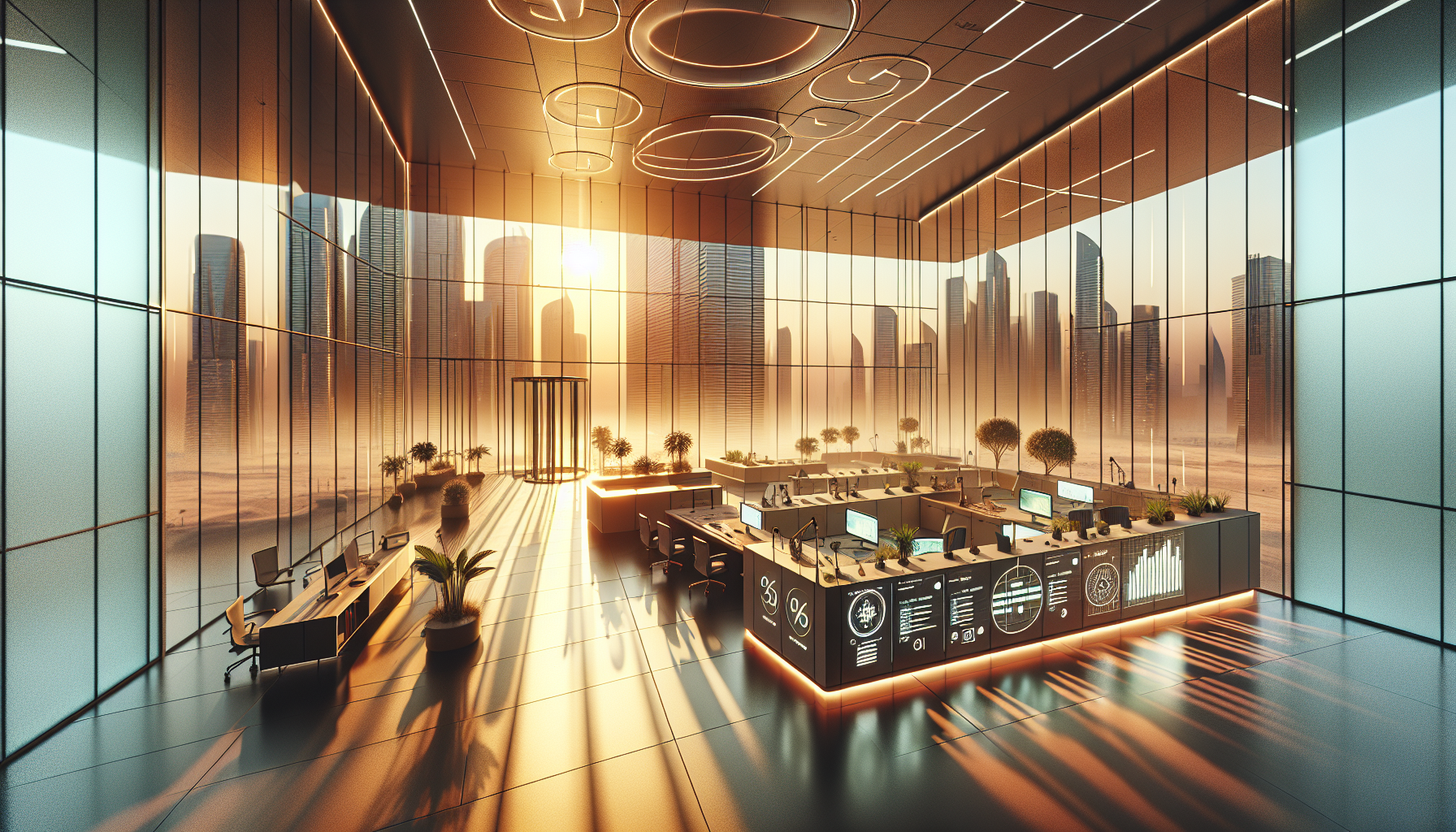 Bureau moderne aux Émirats avec des systèmes énergétiques Siemens, vue sur un skyline emblématique et décor minimaliste.