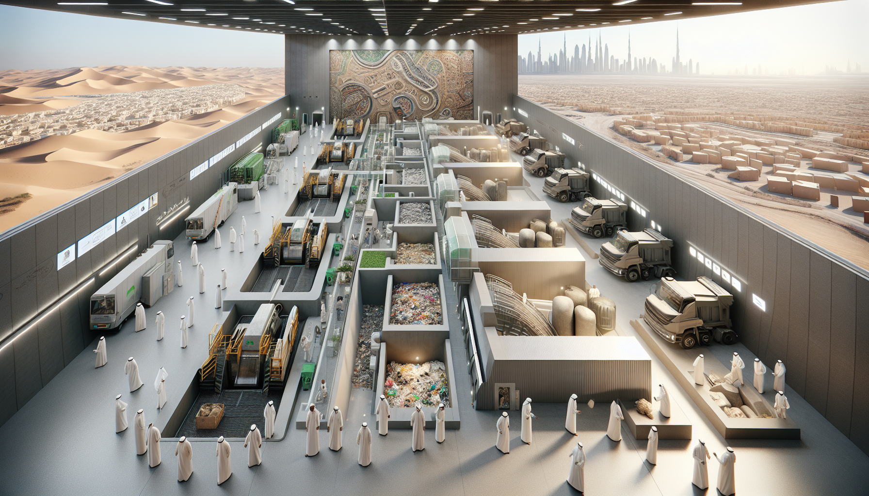 Vue d'une centrale moderne de gestion des déchets Imdaad aux Émirats, avec des technologies avancées pour le tri et le recyclage.