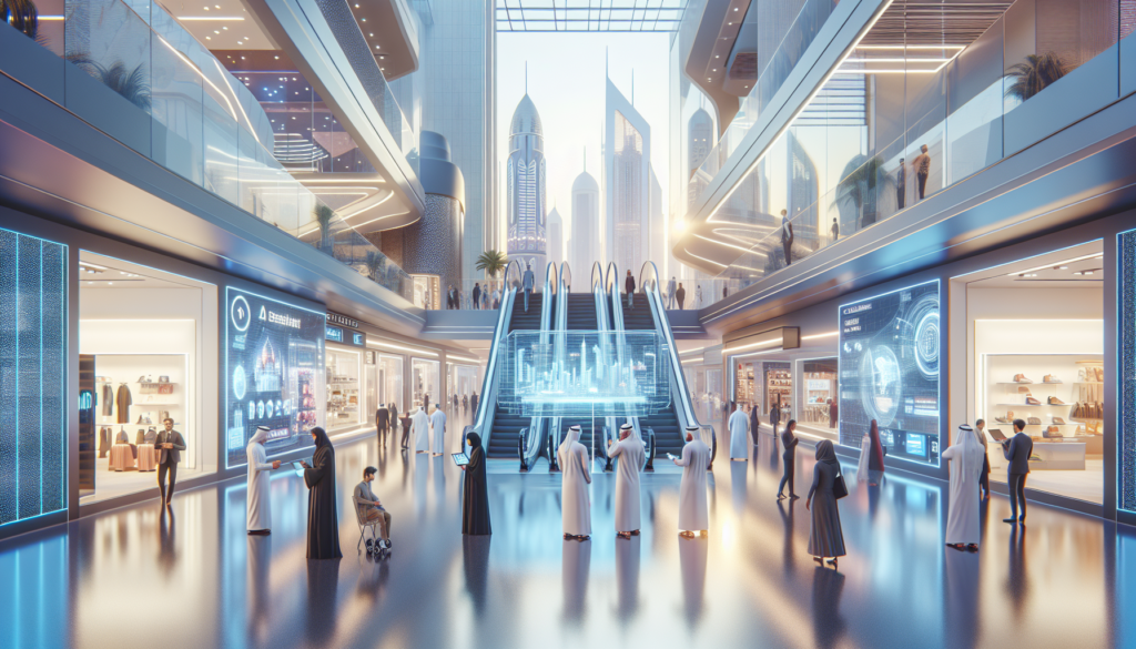 Centre commercial moderne aux Émirats Arabes Unis illustrant l'industrie du e-commerce, avec des jeunes utilisant des kiosques numériques et des références à Noon et Amazon.ae.