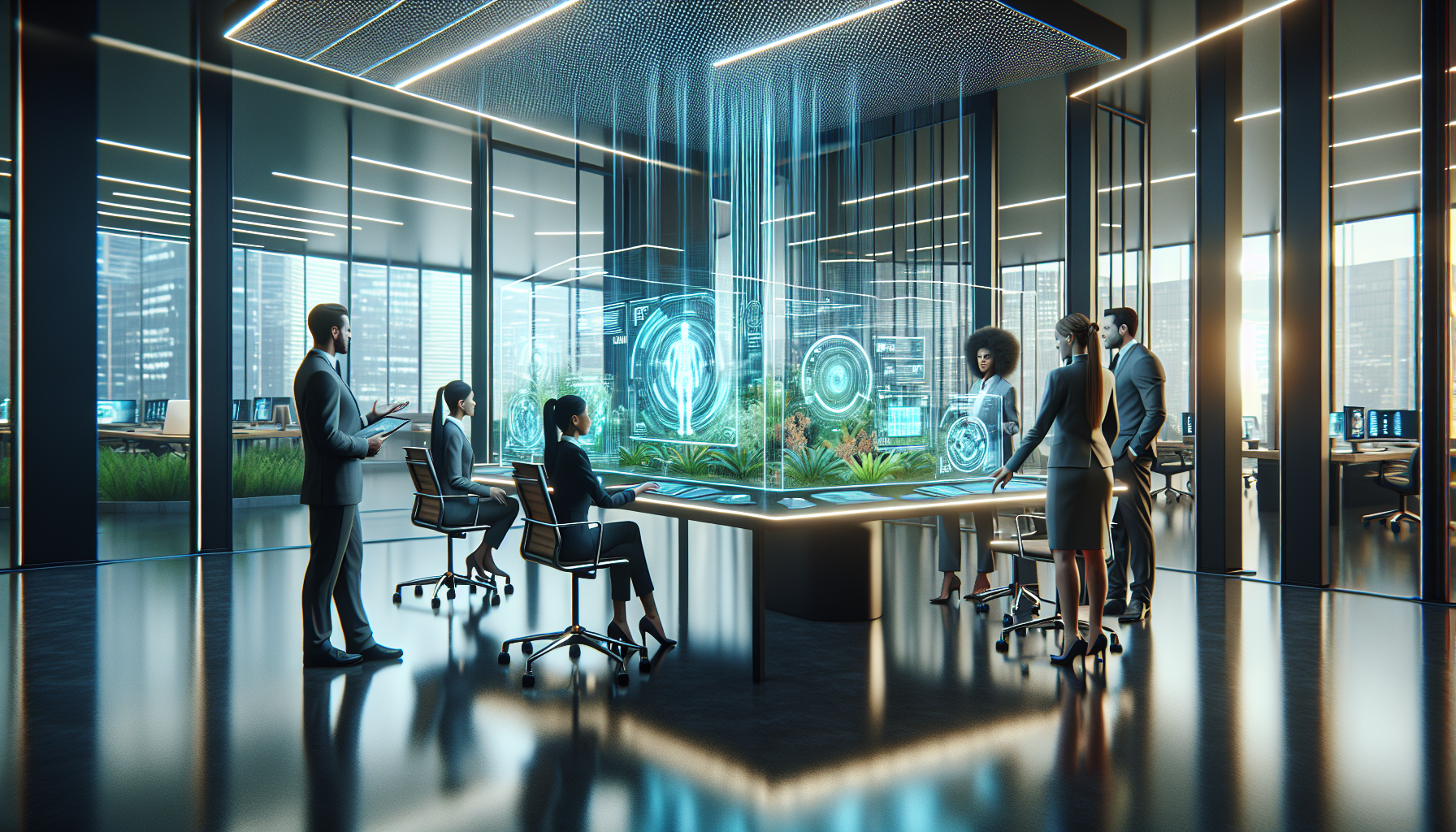 Équipe diverse de professionnels collaborant dans un centre d'excellence Siemens à Chennai, utilisant des interfaces holographiques et des technologies avancées pour l'efficacité énergétique.