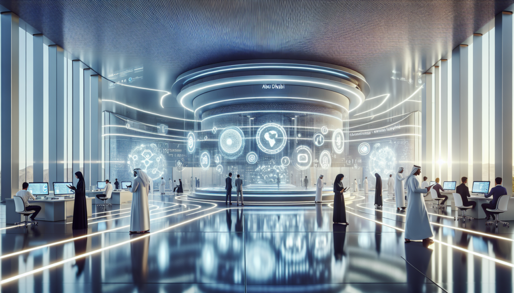 Centre de recherche en intelligence artificielle à Abu Dhabi avec des chercheurs collaborant autour d'interfaces holographiques dans un environnement moderne et dynamique.