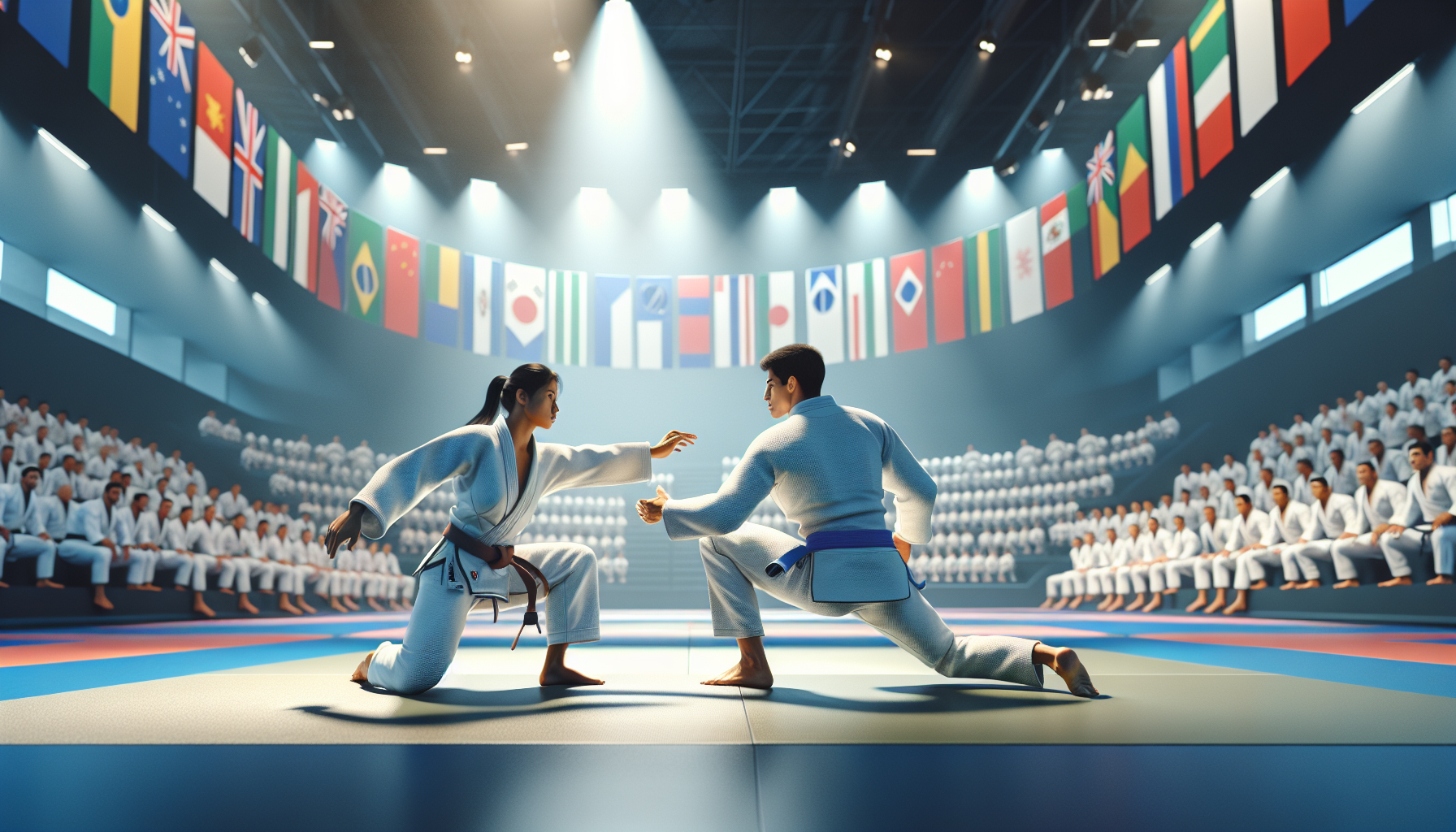 Match de jiu-jitsu au championnat mondial amateur d'Abu Dhabi 2024, mettant en scène des athlètes en kimono sur un tapis, avec une ambiance respectueuse et compétitive.