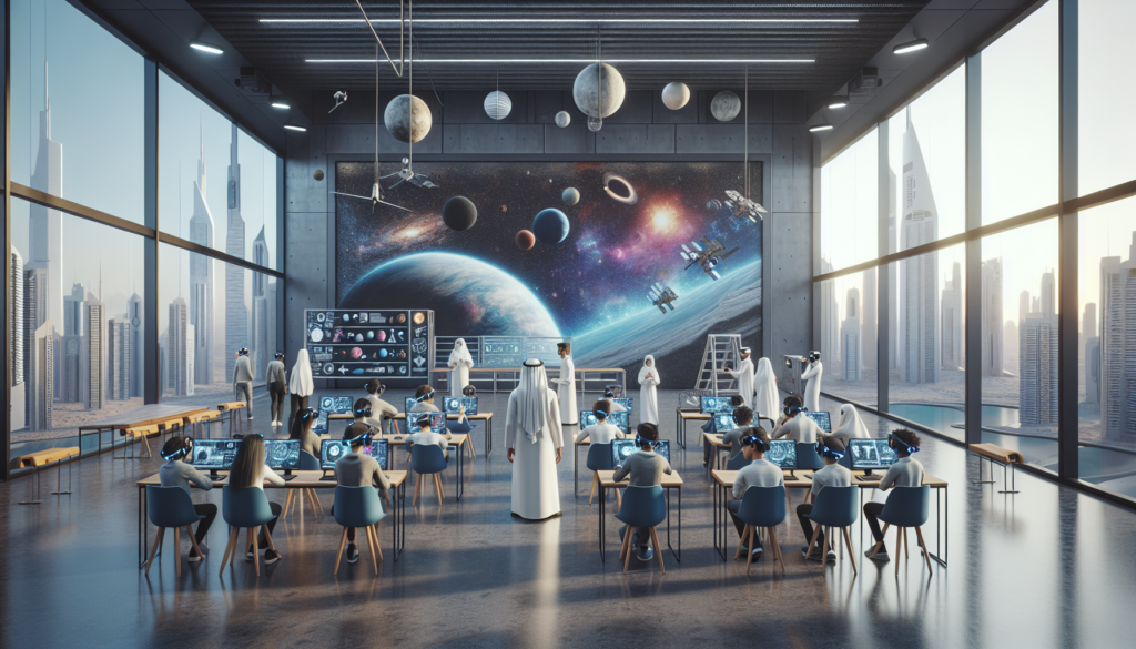 Salle de classe futuriste aux Émirats avec des étudiants et des instructeurs utilisant des technologies avancées pour l'exploration spatiale.