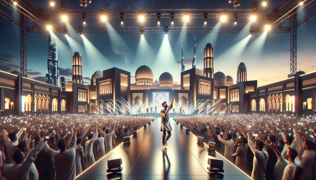 Concert en plein air de Robbie Williams à Abu Dhabi sous un ciel d'été, avec un public enthousiaste et des lumières vibrantes sur la scène moderne.