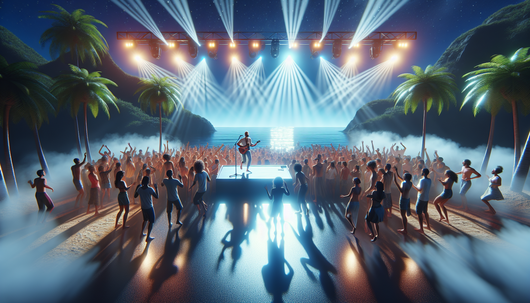 Concert de Robbie Williams sur scène à Saadiyat Island, Abu Dhabi, sous un ciel étoilé avec une ambiance moderne et des effets de lumière dynamiques.