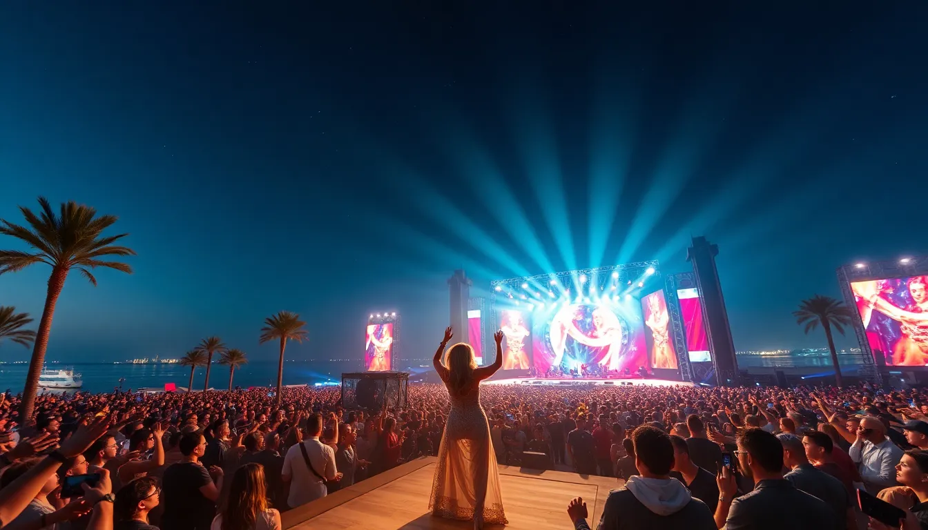 Concert en plein air sur l'île de Saadiyat à Abu Dhabi avec une scène lumineuse accueillant Christina Aguilera, entouré d'une foule enthousiaste et de palmiers modernes.