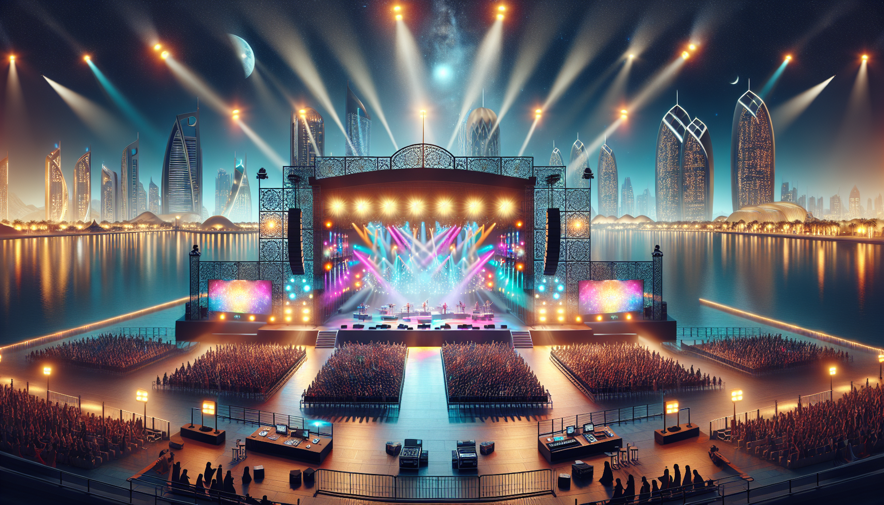 Concert sur l'île de Saadiyat à Abu Dhabi avec Christina Aguilera et Boyz II Men, illuminé par des lumières vives et une ambiance festive.