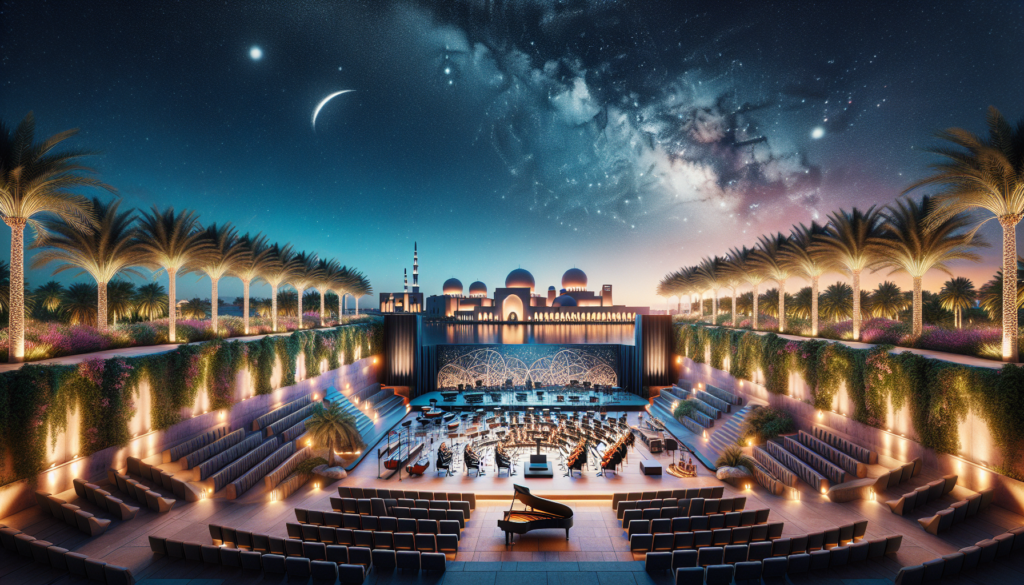 Concert d'Omar Khairat au Saadiyat Island, scène moderne avec éclairage élégant et instruments de musique, sous le ciel nocturne.