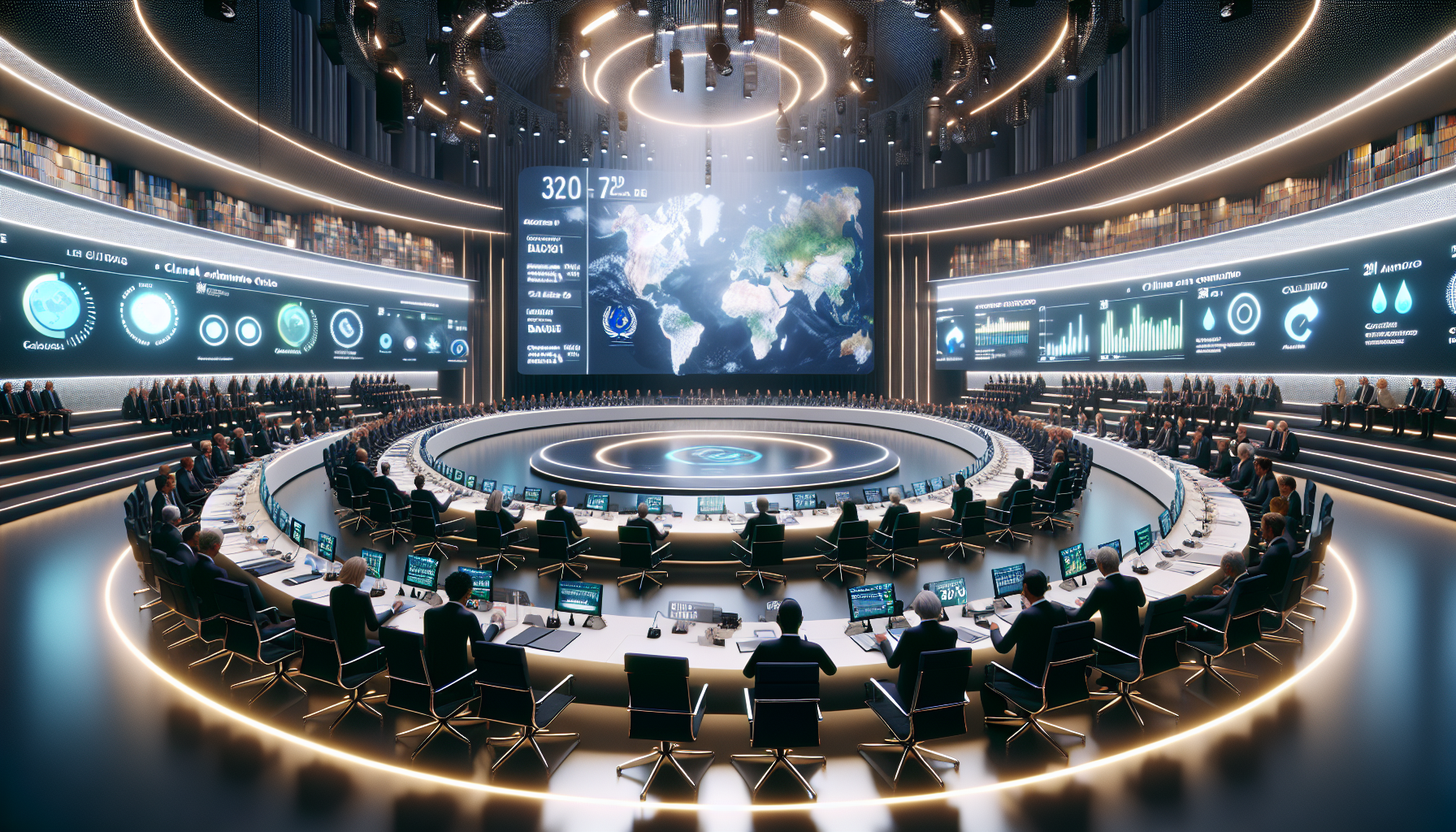Conférence au COP-29 à Bakou réunissant des leaders mondiaux autour d'une table, avec des projections holographiques sur les données climatiques.